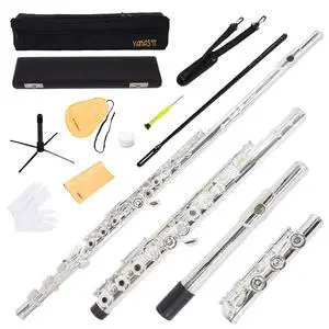 YANASON C Flute Open Hole 17 Keys Flute Silver-plated for Beginner, Professionals and Musicians with Leather case, Metal stand, Gloves, Tuning Rod, Cleaning kit(17 Silver) YANASON C Flute Open Hole 17 Keys Flute Silver-plated for Beginner, Professionals and Musicians with Leather case, Metal stand, Gloves, Tuning Rod, Cleaning kit(17 Silver)