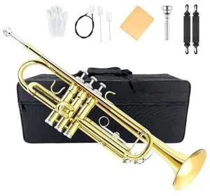 Bb Standard Trumpet Set for Beginner or Advance Student, Brass Student Trumpet Instrument With Hard Case, 7C Mouthpiece, Cleaning Kit,White Gloves Glod Bb Standard Trumpet Set for Beginner or Advance Student, Brass Student Trumpet Instrument With Hard Case, 7C Mouthpiece, Cleaning Kit,White Gloves Glod