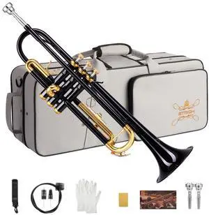 Bb Standard Trumpet Set for Beginners, Brass Student Trumpet Instrument with Hard Case, Cleaning Kit, 7C & 3C Mouthpieces, Gloves, STR-130B, Black Bb Standard Trumpet Set for Beginners, Brass Student Trumpet Instrument with Hard Case, Cleaning Kit, 7C & 3C Mouthpieces, Gloves, STR-130B, Black