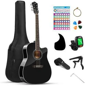 41" Acoustic Guitar for Beginners Adult Teen Full Size Guitarra Acustica with Chord Poster, Gig Bag, Tuner,Steel Strings, Capo, Strap - Black 41" Acoustic Guitar for Beginners Adult Teen Full Size Guitarra Acustica with Chord Poster, Gig Bag, Tuner,Steel Strings, Capo, Strap - Black