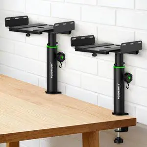 Dual Side Clamp Desktop Studio Monitor Stands Against The Wall | Set of 2, 9"-14" Height Adjustable, Extendable Top Plate Mounted by Screws, Desktop Clamp Dual Side Clamp Desktop Studio Monitor Stands Against The Wall | Set of 2, 9"-14" Height Adjustable, Extendable Top Plate Mounted by Screws, Desktop Clamp