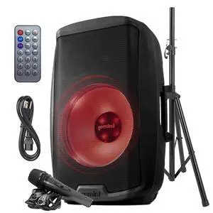 15" PA Speaker & Stand, 1000 Watts, LED Lights (AS-2115BT-LT-PK) | 15" powered PA with LED lights, stand & mic - XLR/1/4" inputs - Bluetooth, USB, SD, FM 15" PA Speaker & Stand, 1000 Watts, LED Lights (AS-2115BT-LT-PK) | 15" powered PA with LED lights, stand & mic - XLR/1/4" inputs - Bluetooth, USB, SD, FM