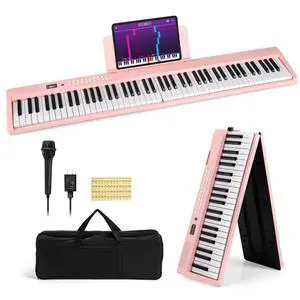 88-Key Folding Piano Keyboard, Full-Size Semi-Weighted Electric Piano Digital Piano w/MIDI, Microphone, Music Stand & Carrying Bag, Portable Keyboard Piano for Beginners Teens Adults (Pink) 88-Key Folding Piano Keyboard, Full-Size Semi-Weighted Electric Piano Digital Piano w/MIDI, Microphone, Music Stand & Carrying Bag, Portable Keyboard Piano for Beginners Teens Adults (Pink)