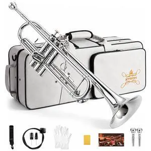 Bb Standard Trumpet Set for Beginners Student | Brass Trumpet Instrument with Hard Case, Cleaning Kit, 7C & 3C Mouthpieces, Gloves STR-130S, Silver Bb Standard Trumpet Set for Beginners Student | Brass Trumpet Instrument with Hard Case, Cleaning Kit, 7C & 3C Mouthpieces, Gloves STR-130S, Silver