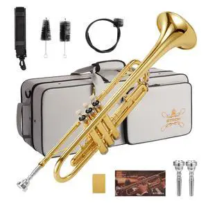 Bb Standard Trumpet Set for Beginners Student | Brass Trumpet Instrument with Hard Case, Cleaning Kit, 7C & 3C Mouthpieces, Gloves STR-130G, Gold Bb Standard Trumpet Set for Beginners Student | Brass Trumpet Instrument with Hard Case, Cleaning Kit, 7C & 3C Mouthpieces, Gloves STR-130G, Gold