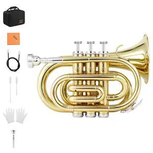 Pocket Trumpet B Flat Brass Bb Pocket Trumpet with Mouthpiece 7C, Cleaning Cloth, Hard Case, Gloves, Full Kit, Gold Lacquer, ETR-330 Pocket Trumpet B Flat Brass Bb Pocket Trumpet with Mouthpiece 7C, Cleaning Cloth, Hard Case, Gloves, Full Kit, Gold Lacquer, ETR-330