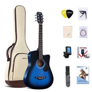 38 inch Guitar Blue Acoustic Guitar Beginner kit Adult Cutaway Acoustic Guitar Guitarras Starter Set Bundle with Padded Gig Bag, Strap, Capo, Strings, Picks 38 inch Guitar Blue Acoustic Guitar Beginner kit Adult Cutaway Acoustic Guitar Guitarras Starter Set Bundle with Padded Gig Bag, Strap, Capo, Strings, Picks