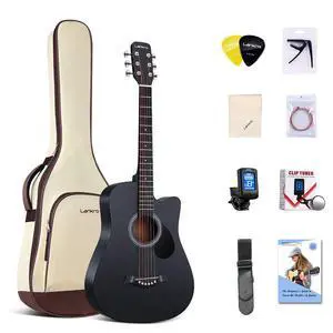 38 inch Guitar Black Acoustic Guitar Beginner kit Adult Cutaway Acoustic Guitar Guitarras Starter Set Bundle with Padded Gig Bag, Strap, Capo, Strings, Picks 38 inch Guitar Black Acoustic Guitar Beginner kit Adult Cutaway Acoustic Guitar Guitarras Starter Set Bundle with Padded Gig Bag, Strap, Capo, Strings, Picks