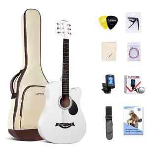 38 inch Beginner Guitar White Acoustic Guitar Beginner kit Adult Cutaway Acoustic Guitar Guitarras Starter Set Bundle with Padded Gig Bag, Strap, Capo, Strings, Picks 38 inch Beginner Guitar White Acoustic Guitar Beginner kit Adult Cutaway Acoustic Guitar Guitarras Starter Set Bundle with Padded Gig Bag, Strap, Capo, Strings, Picks
