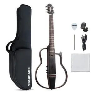 Acoustic Electric Travel Guitar, Portable Practice Silent Guitar with Preamp System, EQ/Reverb/Chorus, Solid Mahogany Body, Adult & Beginner Bundle with Gig Bag & Accessories QGT-01 Acoustic Electric Travel Guitar, Portable Practice Silent Guitar with Preamp System, EQ/Reverb/Chorus, Solid Mahogany Body, Adult & Beginner Bundle with Gig Bag & Accessories QGT-01