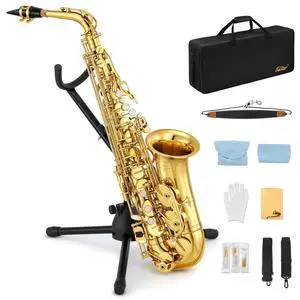 Student Alto Saxophone E Flat for Beginner Sax Full Kit with Carrying Case, Mouthpiece, Straps, Reeds, Stand, Golden Lacquer, AS- Student Alto Saxophone E Flat for Beginner Sax Full Kit with Carrying Case, Mouthpiece, Straps, Reeds, Stand, Golden Lacquer, AS-