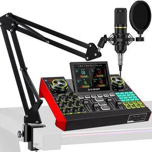 Podcast Microphone Bundle with Live Sound Card Audio Mixer, Podcast Equipment Bundle with 3.5mm Boom Mic for Pc/Phone Live Streaming Singing Gaming, Sound Board with Voice Changer, Denoise Podcast Microphone Bundle with Live Sound Card Audio Mixer, Podcast Equipment Bundle with 3.5mm Boom Mic for Pc/Phone Live Streaming Singing Gaming, Sound Board with Voice Changer, Denoise
