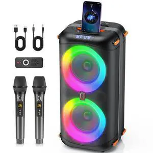 Karaoke Machine with 2 Wireless Microphones, Portable Bluetooth 5.3 Karaoke Speaker for Home Outdoors, PA System for Adults with Echo Adjustment/LED Lights, Support TV/USB/AUX/TF Karaoke Machine with 2 Wireless Microphones, Portable Bluetooth 5.3 Karaoke Speaker for Home Outdoors, PA System for Adults with Echo Adjustment/LED Lights, Support TV/USB/AUX/TF