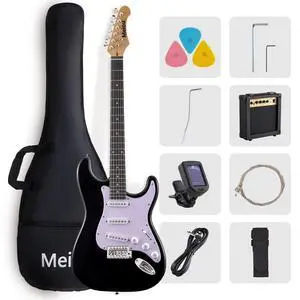 39-Inch Electric Guitar Starter Kit ST Series-Complete starter kit with electric guitar, amp, strap, plectrum, tuner, strings, cable and guitar bag - Suitable for beginners (black) 39-Inch Electric Guitar Starter Kit ST Series-Complete starter kit with electric guitar, amp, strap, plectrum, tuner, strings, cable and guitar bag - Suitable for beginners (black)