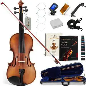 Handcrafted Full Size Violin: Solid Wood Matte Fiddle, Acoustic Beginner 4/4 Violin Kit with Hard Case, Lesson Book, Bow, Shoulder Rest, Extra Strings, Tuner, Fretboard Stickers (VRT-AmiMS) Handcrafted Full Size Violin: Solid Wood Matte Fiddle, Acoustic Beginner 4/4 Violin Kit with Hard Case, Lesson Book, Bow, Shoulder Rest, Extra Strings, Tuner, Fretboard Stickers (VRT-AmiMS)