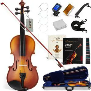 Handcrafted Full Size Violin: Solid Wood Matte Fiddle, Acoustic Beginner 4/4 Violin Kit with Hard Case, Lesson Book, Bow, Shoulder Rest, Extra Strings, Tuner, Fretboard Stickers (VRT-AmiCS) Handcrafted Full Size Violin: Solid Wood Matte Fiddle, Acoustic Beginner 4/4 Violin Kit with Hard Case, Lesson Book, Bow, Shoulder Rest, Extra Strings, Tuner, Fretboard Stickers (VRT-AmiCS)