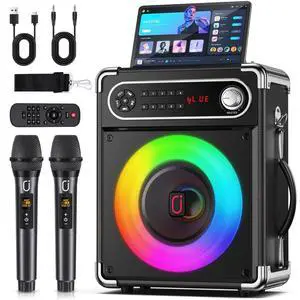 Karaoke Machine, 2 Wireless Microphones, Portable Bluetooth 5.3 PA Speaker with Disco Lights, Smart TV Compatible, Upgraded Subwoofer, Bass Boost & Echo, TF/USB/AUX/FM, Home & Outdoor Party Karaoke Machine, 2 Wireless Microphones, Portable Bluetooth 5.3 PA Speaker with Disco Lights, Smart TV Compatible, Upgraded Subwoofer, Bass Boost & Echo, TF/USB/AUX/FM, Home & Outdoor Party