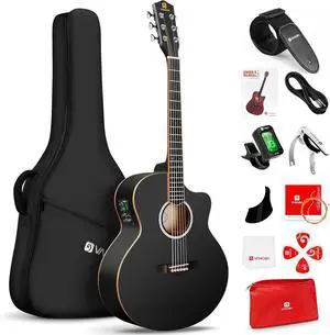 3/4 Acoustic Electric Guitar Kit for Beginners, 36 Inch Acoustic Cutaway Guitar Junior Size Travel Acustica Guitarra Bundle for Adults, Teens, Upgraded Starter Kit, Black Matte 3/4 Acoustic Electric Guitar Kit for Beginners, 36 Inch Acoustic Cutaway Guitar Junior Size Travel Acustica Guitarra Bundle for Adults, Teens, Upgraded Starter Kit, Black Matte