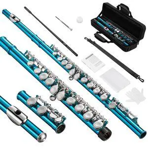 Flutes, Closed Hole C 16 Keys Flute Instrument, Student Flute for Beginner School Orchestra Band, with Cleaning Kit, Carry Bag, Strap, Probe Rod, Gloves (Sky Blue) Flutes, Closed Hole C 16 Keys Flute Instrument, Student Flute for Beginner School Orchestra Band, with Cleaning Kit, Carry Bag, Strap, Probe Rod, Gloves (Sky Blue)
