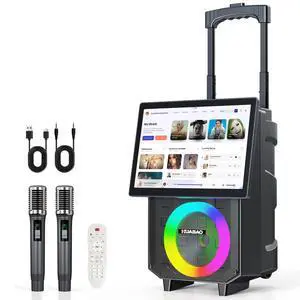 Karaoke Machine with 14.1" Rotatable HD Screen & Handle & Wheels, Portable Bluetooth Speaker with Lyrics Display, Wireless Screen Mirroring, 11 Speakers, PA System with 2 Mics for Outdoor Party Karaoke Machine with 14.1" Rotatable HD Screen & Handle & Wheels, Portable Bluetooth Speaker with Lyrics Display, Wireless Screen Mirroring, 11 Speakers, PA System with 2 Mics for Outdoor Party