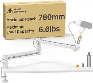 White Boom Arm Low Profile (Design for Heavy Mic) 6.6lbs Load Capacity, Gear Lock Structure Never Sags, Metal Microphone Stand Desk Mount for Shure SM7B MV7+, Blue Yeti, Rode PodMic White Boom Arm Low Profile (Design for Heavy Mic) 6.6lbs Load Capacity, Gear Lock Structure Never Sags, Metal Microphone Stand Desk Mount for Shure SM7B MV7+, Blue Yeti, Rode PodMic