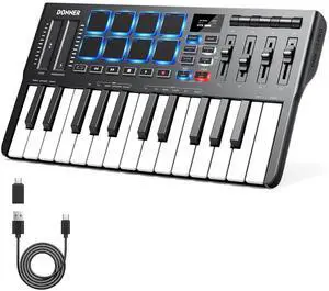 DMK25 Pro MIDI Keyboard Controller, 25 Mini Key Portable USB-C MIDI Keyboard with 8 Drum Pads, OLED Display, Personalized Touch Bar, Music Production Software and 40 Teaching Courses White DMK25 Pro MIDI Keyboard Controller, 25 Mini Key Portable USB-C MIDI Keyboard with 8 Drum Pads, OLED Display, Personalized Touch Bar, Music Production Software and 40 Teaching Courses White