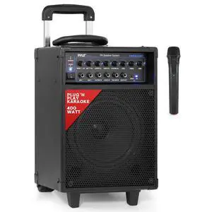 Wireless Portable PA System-400W Bluetooth Compatible Rechargeable Battery Powered Outdoor Sound Stereo Speaker Microphone Set w/Handle, Wheels-1/4 to AUX, RCA Cable (PWMA230BT) Wireless Portable PA System-400W Bluetooth Compatible Rechargeable Battery Powered Outdoor Sound Stereo Speaker Microphone Set w/Handle, Wheels-1/4 to AUX, RCA Cable (PWMA230BT)