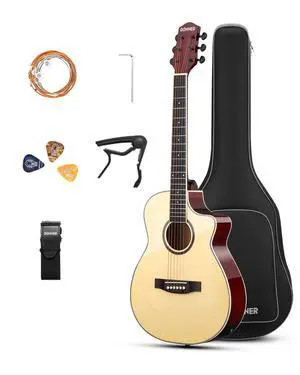 Voyager Acoustic Electric Guitar Kit, JF Cutaway 3/4 Guitarra with Built-in Pickup & Tuner, 3-Band EQ, Portable Travel Guitar Bundle with Gig Bag, Capo, Strap for Beginners-Gloss Wood Voyager Acoustic Electric Guitar Kit, JF Cutaway 3/4 Guitarra with Built-in Pickup & Tuner, 3-Band EQ, Portable Travel Guitar Bundle with Gig Bag, Capo, Strap for Beginners-Gloss Wood