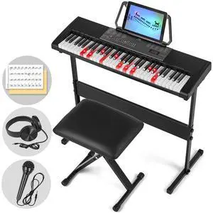 61 Key Piano Keyboard, Electric Piano Keyboard with Lighted Up Keys | Learning Keyboards Piano for Beginners With Piano Stand, LCD Screen, Headphones, Microphone (Black with Stool) 61 Key Piano Keyboard, Electric Piano Keyboard with Lighted Up Keys | Learning Keyboards Piano for Beginners With Piano Stand, LCD Screen, Headphones, Microphone (Black with Stool)