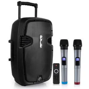 Karaoke Portable PA Speaker System - 1600W Active Powered Bluetooth Compatible Speaker, Rechargeable Battery, Easy Carry Wheels, USB MP3 RCA, FM Radio, 2 UHF Microphone, Remote Karaoke Portable PA Speaker System - 1600W Active Powered Bluetooth Compatible Speaker, Rechargeable Battery, Easy Carry Wheels, USB MP3 RCA, FM Radio, 2 UHF Microphone, Remote