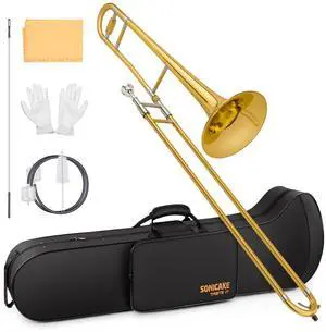 Bb Alto Slide Trombone for Beginners Students - Gold Lacquer Brass Trombone Full Kit with 7C Mouthpiece, Hard Case, Gloves & Cleaning Kit QTB-01 Bb Alto Slide Trombone for Beginners Students - Gold Lacquer Brass Trombone Full Kit with 7C Mouthpiece, Hard Case, Gloves & Cleaning Kit QTB-01