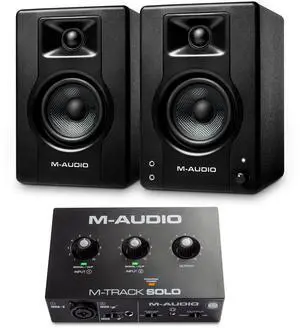 Recording, Streaming and Podcasting Bundle M-Track Solo USB Audio Interface and 120W BX3 Stereo Speakers, Plus a Software Suite Included Recording, Streaming and Podcasting Bundle M-Track Solo USB Audio Interface and 120W BX3 Stereo Speakers, Plus a Software Suite Included