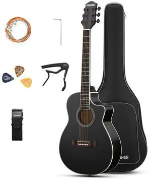 Voyager Acoustic Electric Guitar Kit, JF Cutaway 3/4 Guitar with Built-in Pickup & Tuner, 3-Band EQ, Portable Travel Guitar Bundle with Gig Bag, Capo, Strap for Beginners-Matte Black Voyager Acoustic Electric Guitar Kit, JF Cutaway 3/4 Guitar with Built-in Pickup & Tuner, 3-Band EQ, Portable Travel Guitar Bundle with Gig Bag, Capo, Strap for Beginners-Matte Black