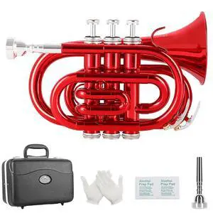 Pocket Trumpet Brass Bb Mini Trumpet with 7 C Mouthpiece, Hard Case, Strap, White Gloves, Cleaning Kit for Students and Beginners(Red) Pocket Trumpet Brass Bb Mini Trumpet with 7 C Mouthpiece, Hard Case, Strap, White Gloves, Cleaning Kit for Students and Beginners(Red)