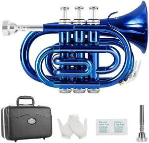 Pocket Trumpet Brass Bb Trumpet with 7C Mouthpiece, Hard Case, Strap, Gloves, Cleaning Kit for Students Beginners(Blue) Pocket Trumpet Brass Bb Trumpet with 7C Mouthpiece, Hard Case, Strap, Gloves, Cleaning Kit for Students Beginners(Blue)