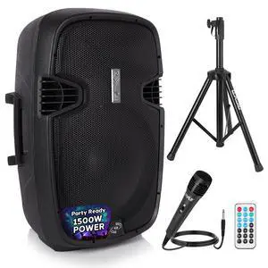 PPHP155ST Wireless Portable PA Speaker System - 1500W High Powered Bluetooth Compatible Active Outdoor Sound Speakers w/ USB SD MP3 RCA - 35mm Mount, Stand, Microphone, Power Cable, Black, 15" PPHP155ST Wireless Portable PA Speaker System - 1500W High Powered Bluetooth Compatible Active Outdoor Sound Speakers w/ USB SD MP3 RCA - 35mm Mount, Stand, Microphone, Power Cable, Black, 15"