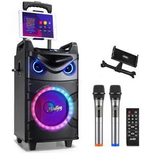 Karaoke Machine, 10" Woofer Portable PA System, Bluetooth Speaker with 2 Wireless Microphones, Lyrics Display Tablet Holder, Party Lights & Echo/Treble/Bass Adjustment Support REC/AUX/USB/TF Karaoke Machine, 10" Woofer Portable PA System, Bluetooth Speaker with 2 Wireless Microphones, Lyrics Display Tablet Holder, Party Lights & Echo/Treble/Bass Adjustment Support REC/AUX/USB/TF