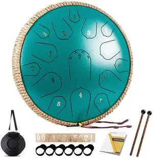 Steel Tongue Drum - 15 Note 14 Inch - Percussion Instrument - Hand Pan Drums with Music Book, Drum Mallets and Carry Bag, D Major, Malachite Green Steel Tongue Drum - 15 Note 14 Inch - Percussion Instrument - Hand Pan Drums with Music Book, Drum Mallets and Carry Bag, D Major, Malachite Green