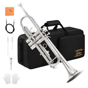 Bb Standard Trumpet Set for Beginner, Brass Student Trumpet Instrument with Hard Case, Cleaning Kit, 7C Mouthpiece and Gloves, ETR-380N, Silver Bb Standard Trumpet Set for Beginner, Brass Student Trumpet Instrument with Hard Case, Cleaning Kit, 7C Mouthpiece and Gloves, ETR-380N, Silver