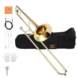 Bb Tenor Slide Trombone for Beginners Students, B Flat Brass Plated Trombone Instrument with Mouthpiece, White Gloves, Cleaning Kit, ETB-330, Golden Bb Tenor Slide Trombone for Beginners Students, B Flat Brass Plated Trombone Instrument with Mouthpiece, White Gloves, Cleaning Kit, ETB-330, Golden