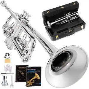 Hand-Hammered Bell Bb Trumpet: Smooth Valve Action, Clear-Lacquered Brass Body, Standard Trumpet Beginner Set with Leather Case, Lesson Book, Trumpet Mute, Mouthpiece, Cleaning Kit (SNR-BrzSS) Hand-Hammered Bell Bb Trumpet: Smooth Valve Action, Clear-Lacquered Brass Body, Standard Trumpet Beginner Set with Leather Case, Lesson Book, Trumpet Mute, Mouthpiece, Cleaning Kit (SNR-BrzSS)