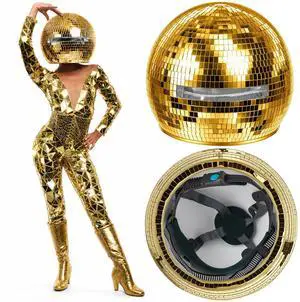 11.81 Inch Disco Ball Helmet Adult Gold Glitter Glass Hat Novelty Punk Disco Ball Costume Cosplay for Nightclubs Parties Bar Djs Stage 11.81 Inch Disco Ball Helmet Adult Gold Glitter Glass Hat Novelty Punk Disco Ball Costume Cosplay for Nightclubs Parties Bar Djs Stage