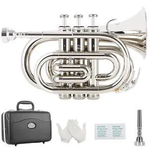 Pocket Trumpet Brass Bb Nickel Plated Trumpet with 7 C Mouthpiece, Hard Case, Strap, White Gloves, Cleaning Kit for Students and Beginners Pocket Trumpet Brass Bb Nickel Plated Trumpet with 7 C Mouthpiece, Hard Case, Strap, White Gloves, Cleaning Kit for Students and Beginners