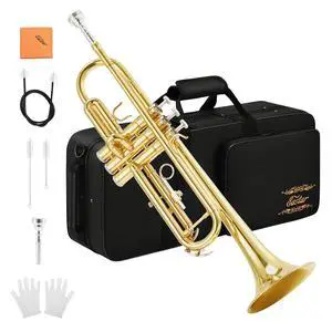 Bb Standard Trumpet Set for Beginner, Brass Student Trumpet Instrument with Hard Case, Cleaning Kit, 7C Mouthpiece and Gloves, ETR-380, Golden Bb Standard Trumpet Set for Beginner, Brass Student Trumpet Instrument with Hard Case, Cleaning Kit, 7C Mouthpiece and Gloves, ETR-380, Golden