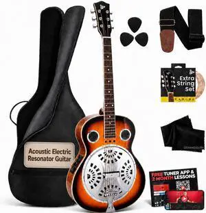 Resophonic Resonator Acoustic Electric Guitar-6 String Round Neck Sunburst Mahogany Traditional Resonator w/Built-in Pre Amplifier,Case Bag,Strap,Steel Strings,Tuner,Picks Resophonic Resonator Acoustic Electric Guitar-6 String Round Neck Sunburst Mahogany Traditional Resonator w/Built-in Pre Amplifier,Case Bag,Strap,Steel Strings,Tuner,Picks
