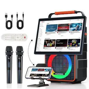 Portable Bluetooth Karaoke Speaker with 14.1 HD Screen, Wireless Screen Mirroring for iOS & Android, 2 Wireless Rechargeable Mics, AUX/USB/TF Card, Dynamic Lyric Display via Bluetooth, Ideal for Home Portable Bluetooth Karaoke Speaker with 14.1 HD Screen, Wireless Screen Mirroring for iOS & Android, 2 Wireless Rechargeable Mics, AUX/USB/TF Card, Dynamic Lyric Display via Bluetooth, Ideal for Home