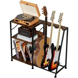 Record Player Stand, 3 Tier Guitar Stand for Acoustic, Electric Guitar, Bass Stand, Vinyl Record Storage Up to 200 Albums, Brown Records Shelf for Living Room Bedroom (Rustic Brown) Record Player Stand, 3 Tier Guitar Stand for Acoustic, Electric Guitar, Bass Stand, Vinyl Record Storage Up to 200 Albums, Brown Records Shelf for Living Room Bedroom (Rustic Brown)