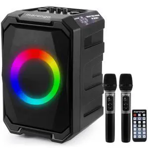 Karaoke Machine with 2 Wireless Microphones, Portable Bluetooth Speaker | LED Lights, Bass/Treble Adjustment, TWS, 800W Peak PA System, Supports USB/AUX/Mic-in Karaoke Machine with 2 Wireless Microphones, Portable Bluetooth Speaker | LED Lights, Bass/Treble Adjustment, TWS, 800W Peak PA System, Supports USB/AUX/Mic-in