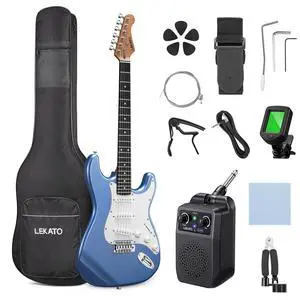Beginner Electric Guitar Kit 39 Inch Full Size Solid Body Guitar SSS for Starter Roasted Maple Neck Stainless Steel Frets, 5w Plug-in Amp, Bag, Tuner, Capo, Strap, Picks, String, Cable - Blue Beginner Electric Guitar Kit 39 Inch Full Size Solid Body Guitar SSS for Starter Roasted Maple Neck Stainless Steel Frets, 5w Plug-in Amp, Bag, Tuner, Capo, Strap, Picks, String, Cable - Blue