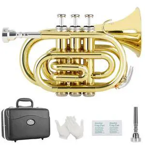 Pocket Trumpet Brass Bb Gold Lacquer Mini Trumpet with 7 C Mouthpiece, Hard Case, Strap, White Gloves, Cleaning Kit for Students and Beginners Pocket Trumpet Brass Bb Gold Lacquer Mini Trumpet with 7 C Mouthpiece, Hard Case, Strap, White Gloves, Cleaning Kit for Students and Beginners